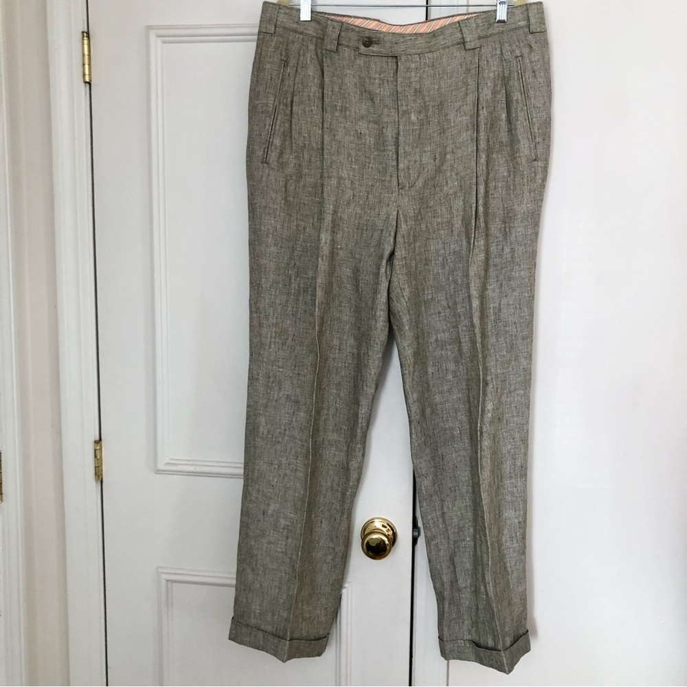 Mens Linen Trousers pleats cuffs pockets 38” Riviera Sport formal 31” inseam